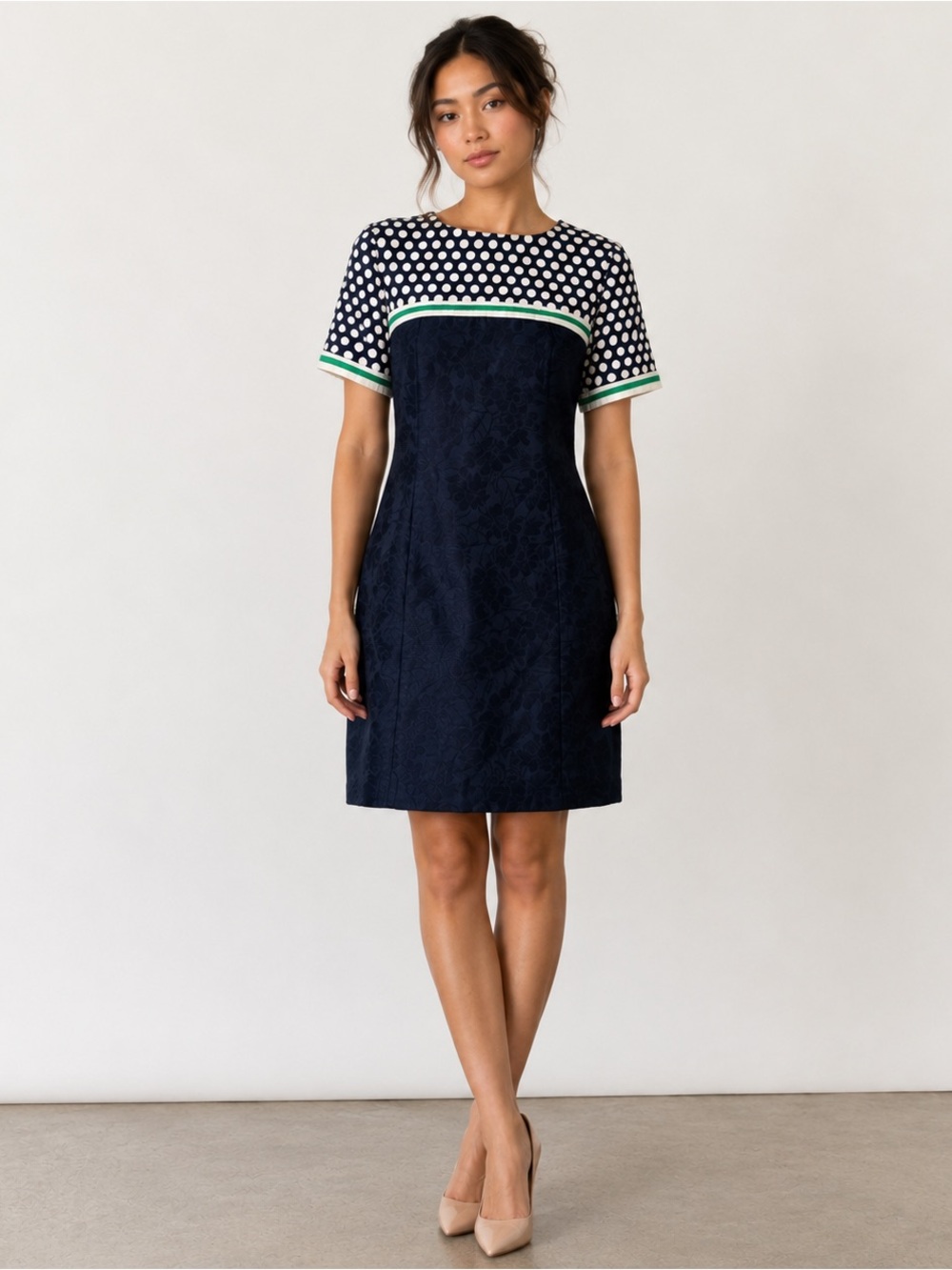 2/$20 Vintage Handmade Navy and Polka Dot Fitted Shift Dress